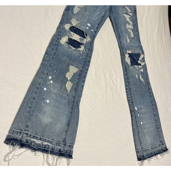 First Row Denim Knee Destroyed Slim Flare Jeans Men’s 32x33 Distressed Repaired - Picture 3 of 14